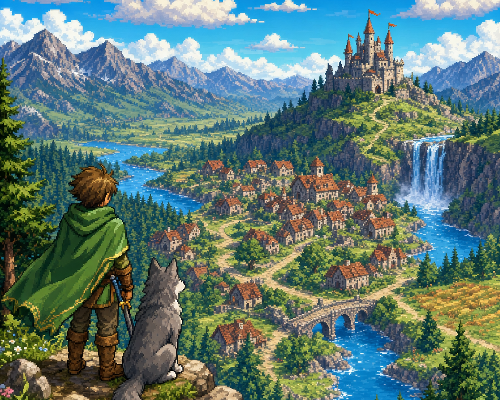 An adventurer and their wolf-dog look out over the village of Greenvale, with a castle on the hill behind it